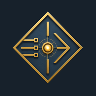 Encoded Radiance Studio symbol containing a gold isometric frame, three encoded signal inputs, a central radiance node, a forward output path, and a vertical alignment axis.